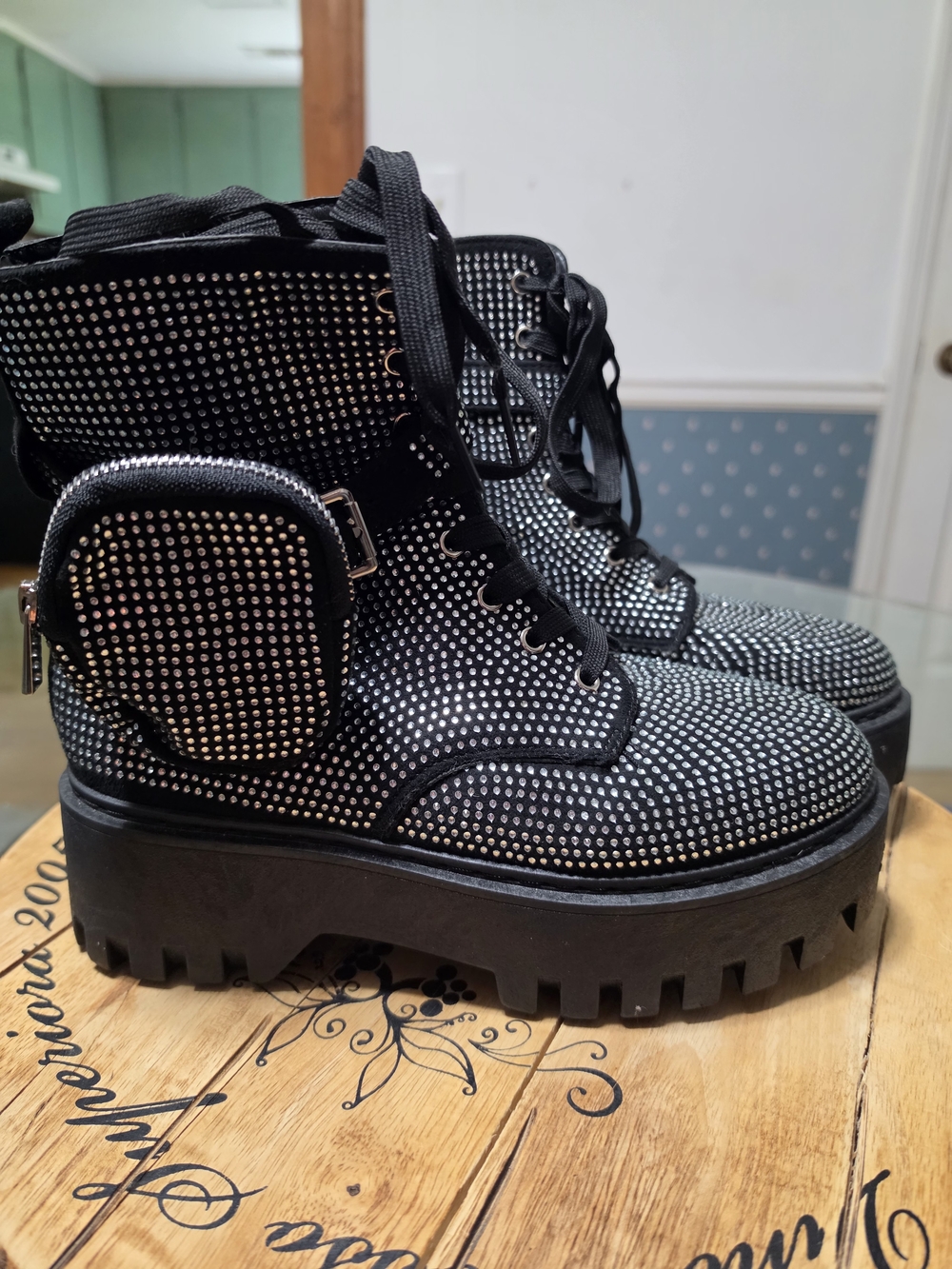 Women's Black Rhinestone Lace-Up Platform Combat Boots
